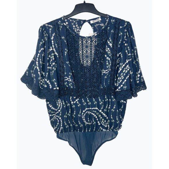 Free People Bali Tate Navy Floral Lace-Trimmed Bodysuit Open Back Size XL - Picture 7 of 16